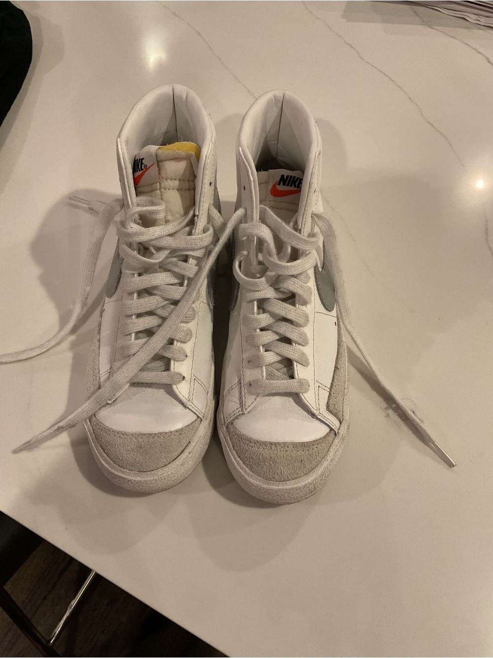 Nike White and Gray High-Top Sneakers with Orange Tongue Logo